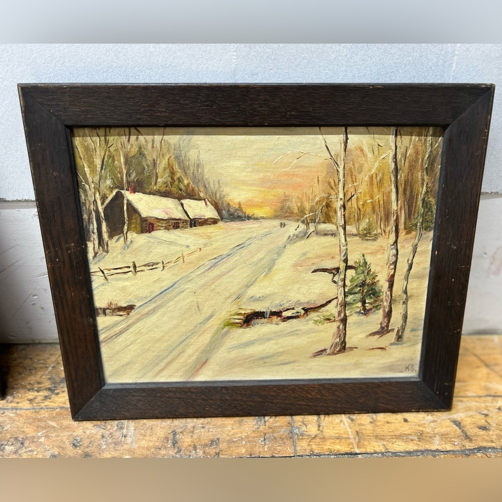 Vintage Painting Depicting Rustic Winter Landscape Framed Art Signed KB